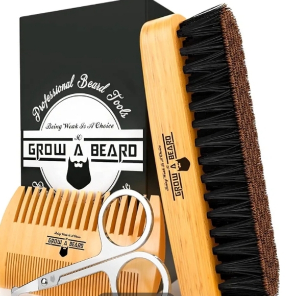 Beard Brush for Men & Beard Comb Set w/Mustache Scissors Grooming Kit - Picture 1 of 4